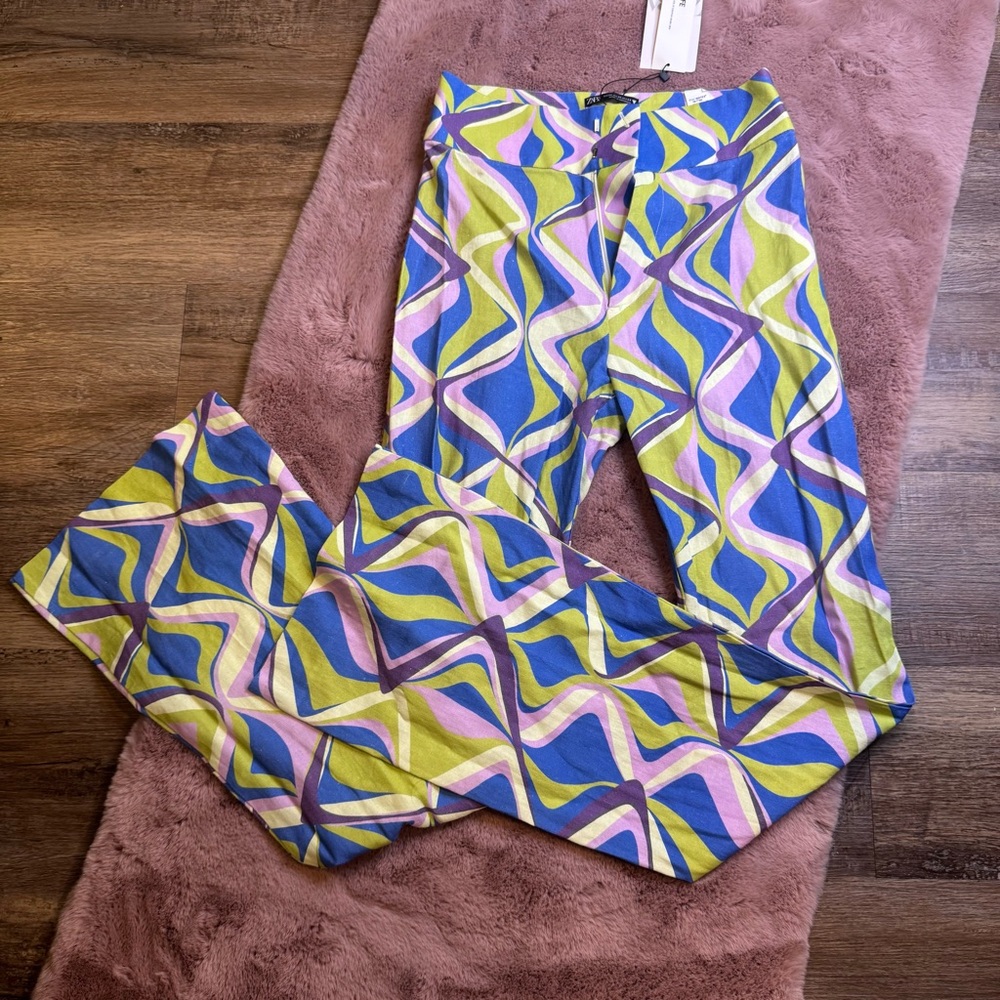 Zara Multicolor Retro Swirl Pants — Blue, Lime & Pink